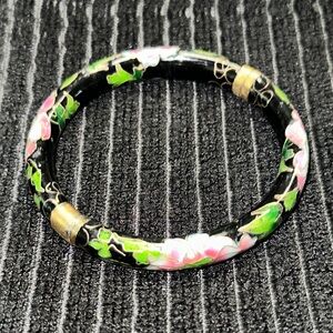 Vintage Thick Brass Cloisonné, Pink Green Black Hinged Bangle Bracelet
